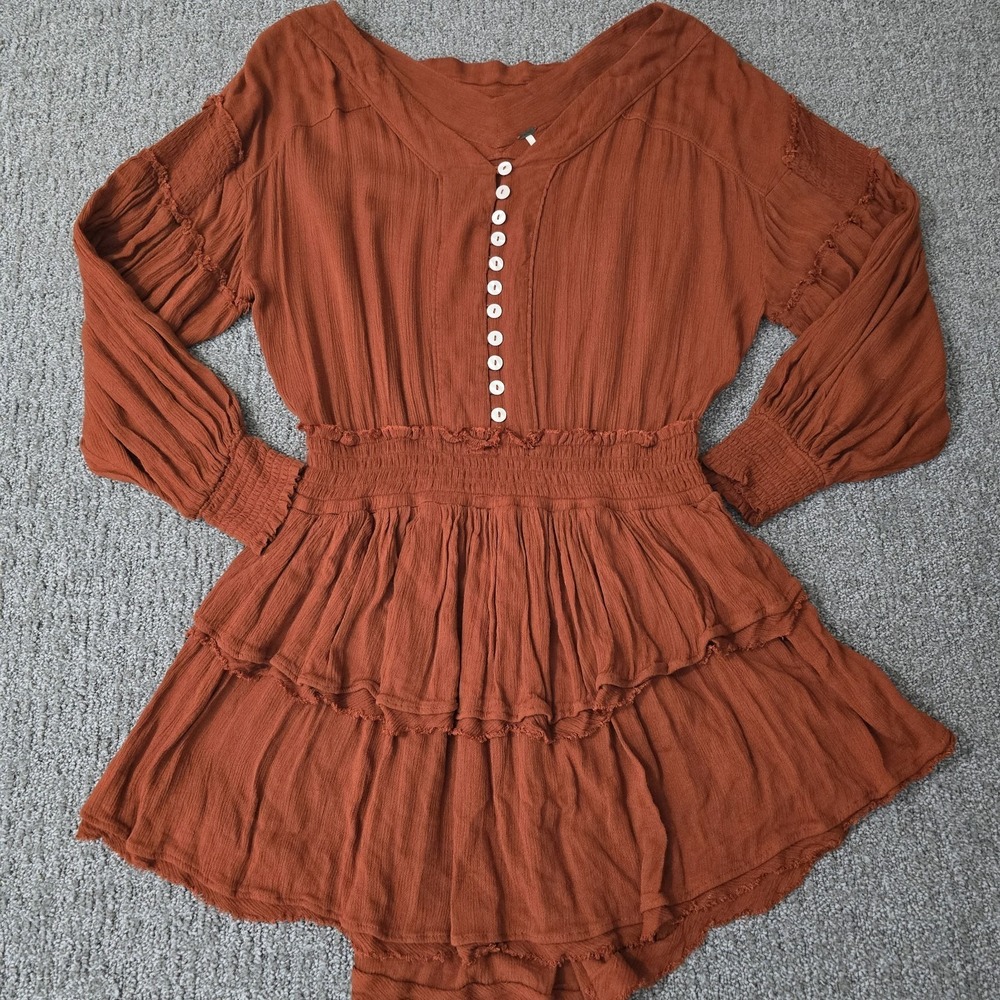 Free People S Rust Gauze Tiered Mini Dress Boho Peasant Smocked Cottagecore